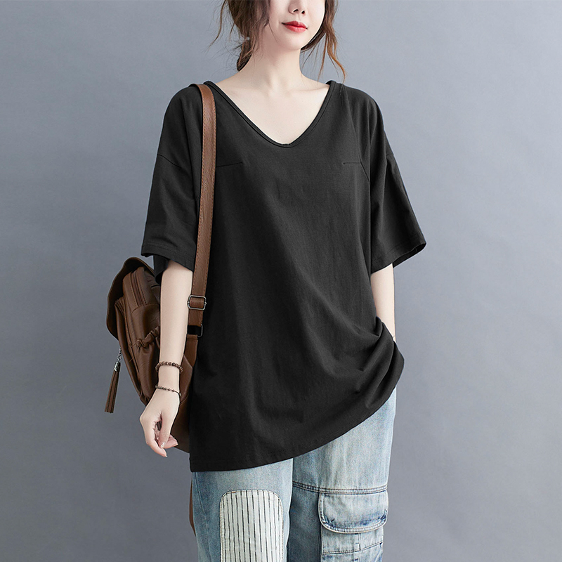 New Arrival V-neck Solid Loose T-shirt