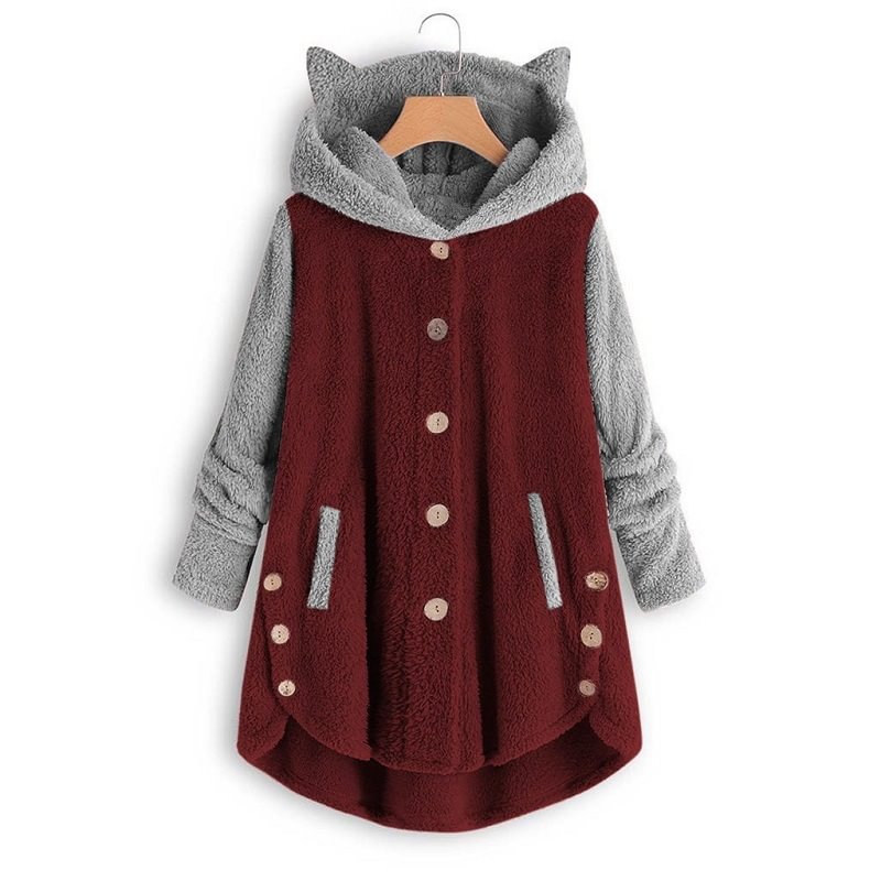 2021 Button Hooded Cat Ears Plush Top Hoodie