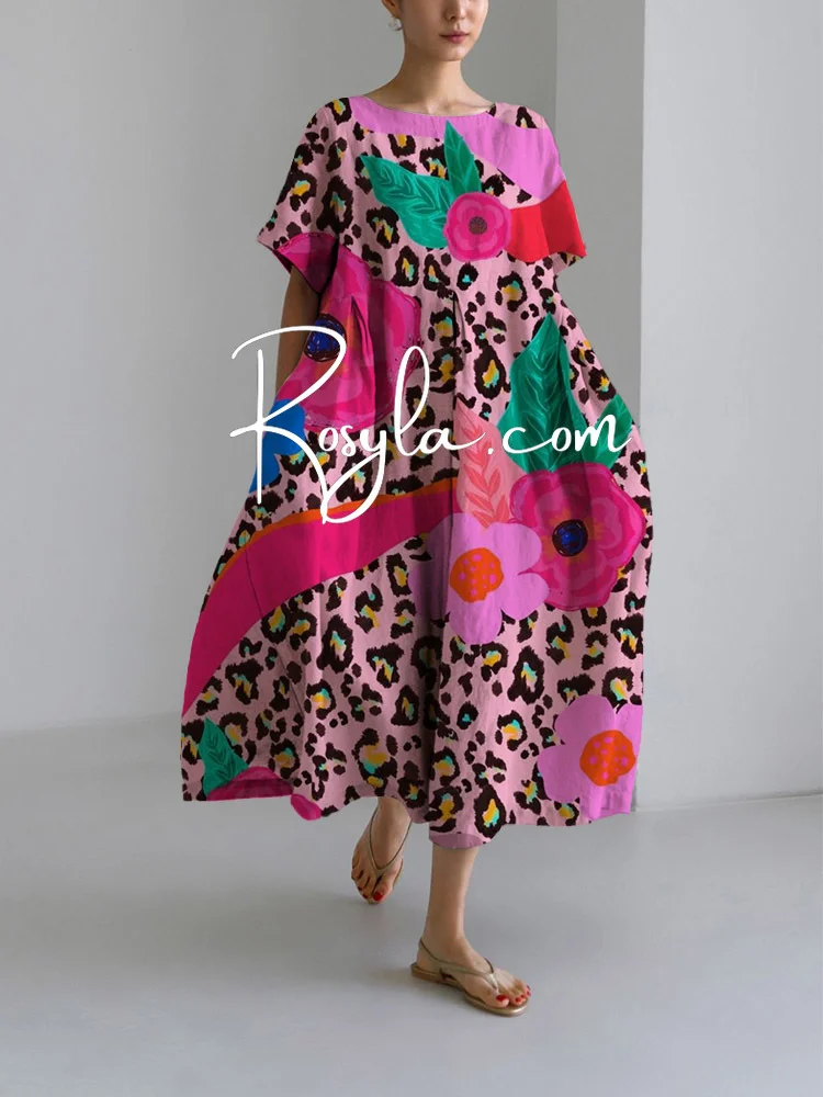 Women's Casual Leopard Flory Print Loose Round Neck Medium Length Skirt Dress