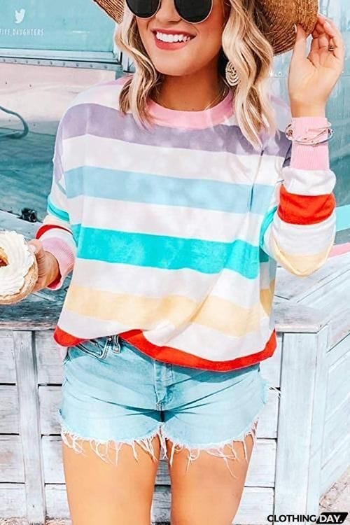 Rainbow Stripe O Neck Long Sleeve T Shirt