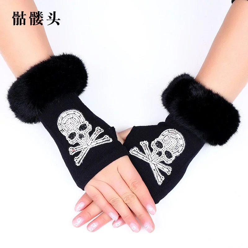 2021 New Fashion Gloves with Artificial Stones Black Half-finger Style