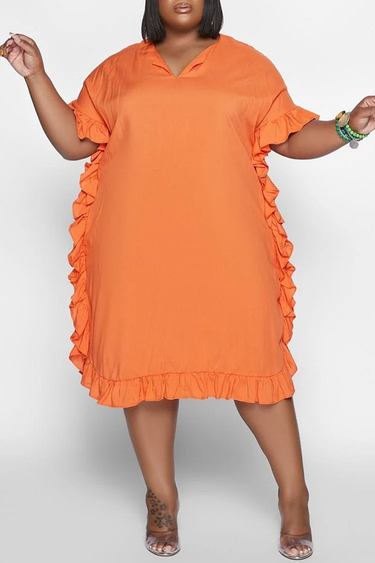Orange Fashion Casual Solid Split Joint Basic V Neck Short Sleeve Dress Plus Size Dresses