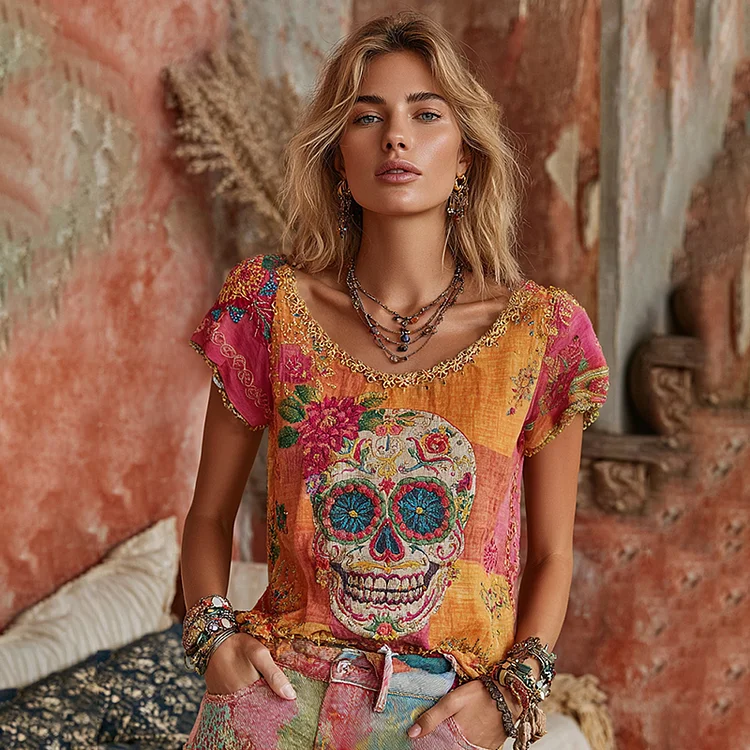 Women's Classic Mexican Sugar Skeleton Catrina Day Of The Dead Inspired Painting Embroidered Casual Linen T-shirt