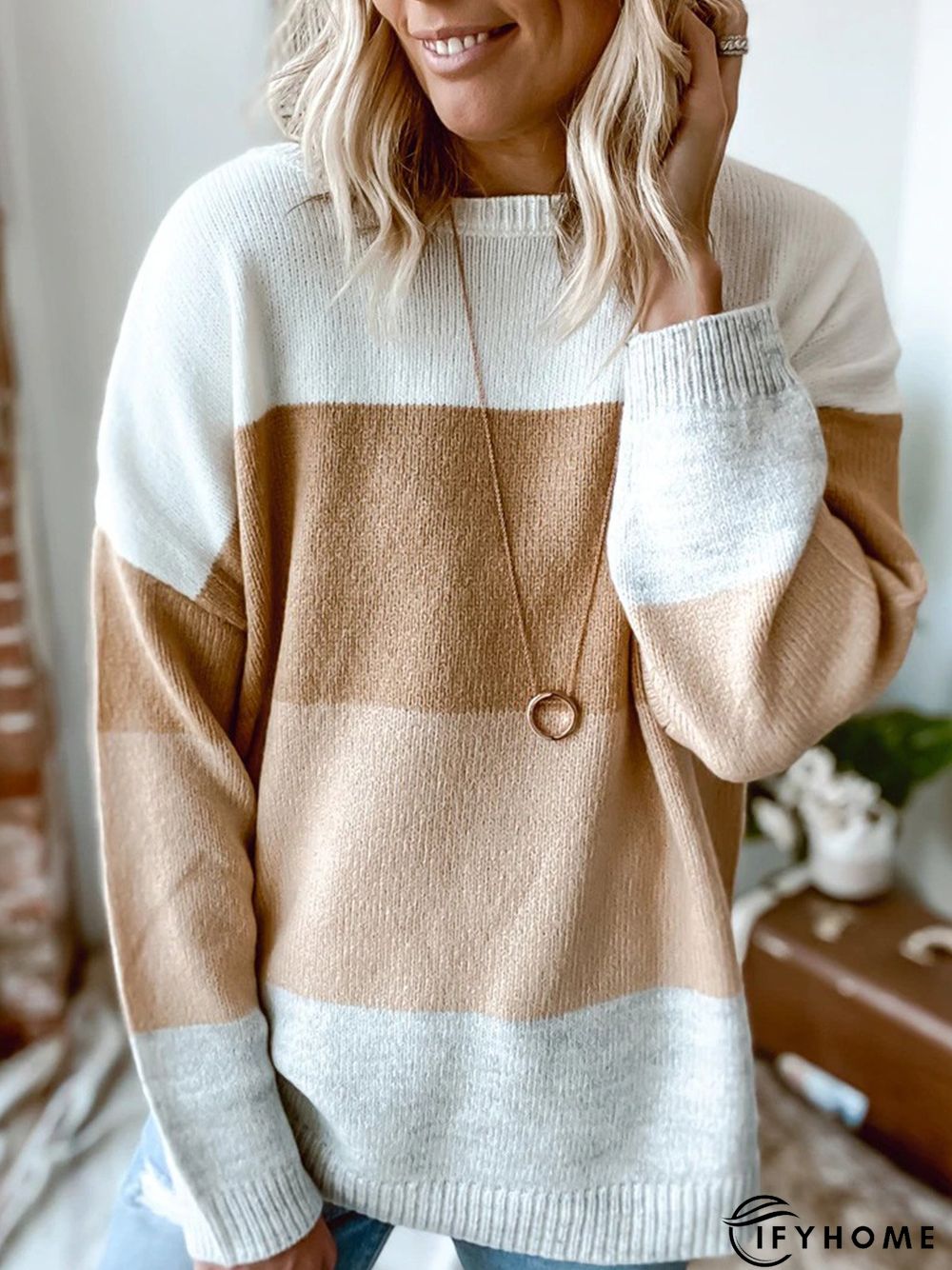 Khaki Casual Color-Block Cotton-Blend Round Neck Tunic Sweater Knit Jumper | IFYHOME