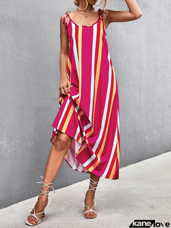 Loose Sleeveless Contrast Color Striped Tied U-Neck Midi Dresses Slip Dress