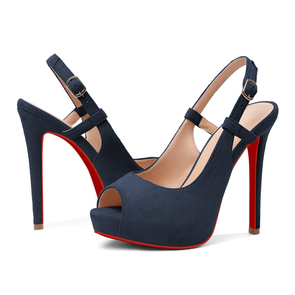 120mm Red Bottom Slingback Sandals Peep Toe Platform Stilettos Black Suede Heels-MERUMOTE