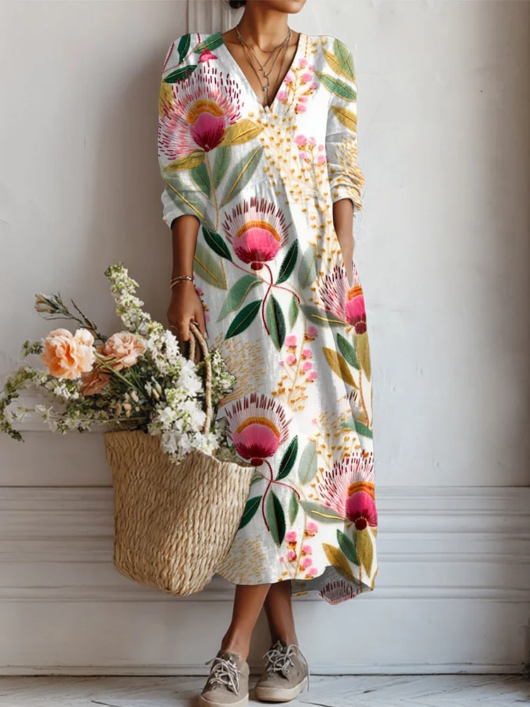 Women's Vintage Flower Art Print Linen Pocket Tunic Dress