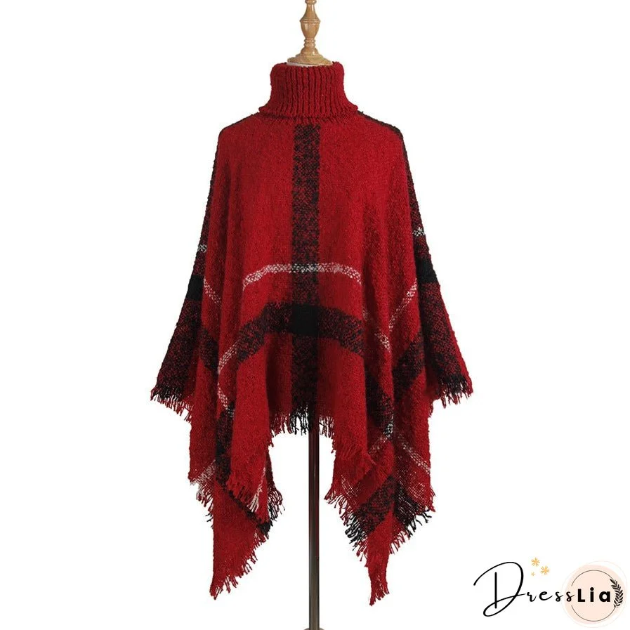 Sweater women's mid-length high collar fringe cape loose large size knit