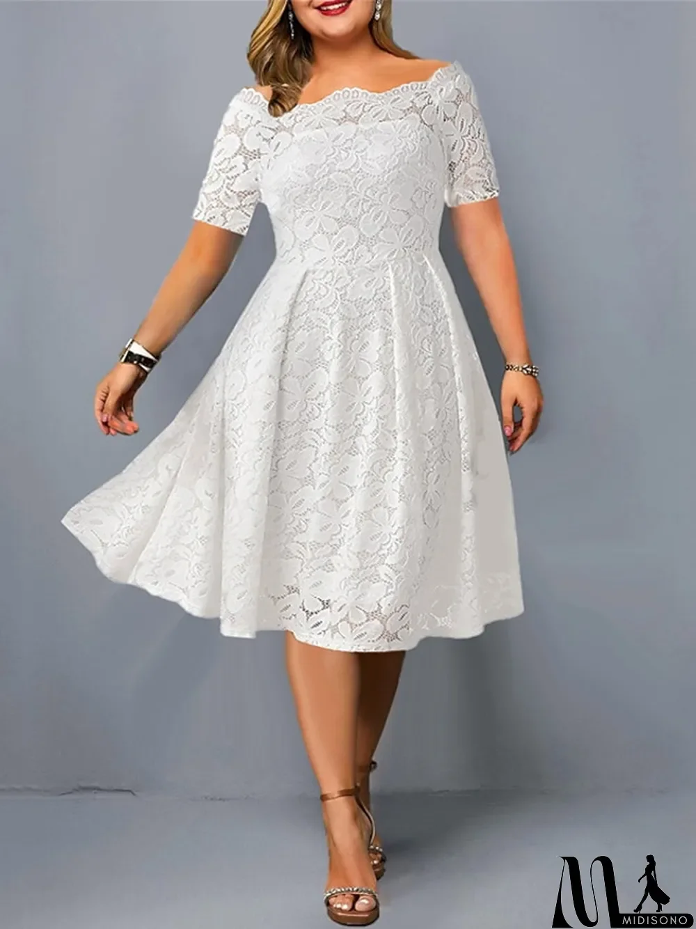 MidiSono - Women's Lace Dress Plus Size Red Chirstmas Dress Curve Party Dress Solid Color Off Shoulder Short Sleeve Fall Spring Elegant Formal Midi Dress Formal Party Dress