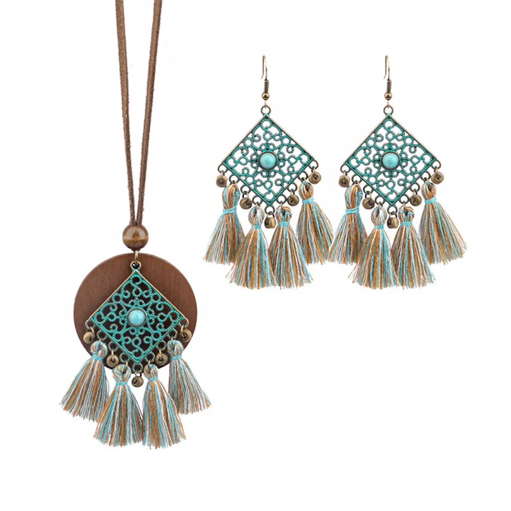Female Bohemian Diamond Carved Earrings And Necklace Suit