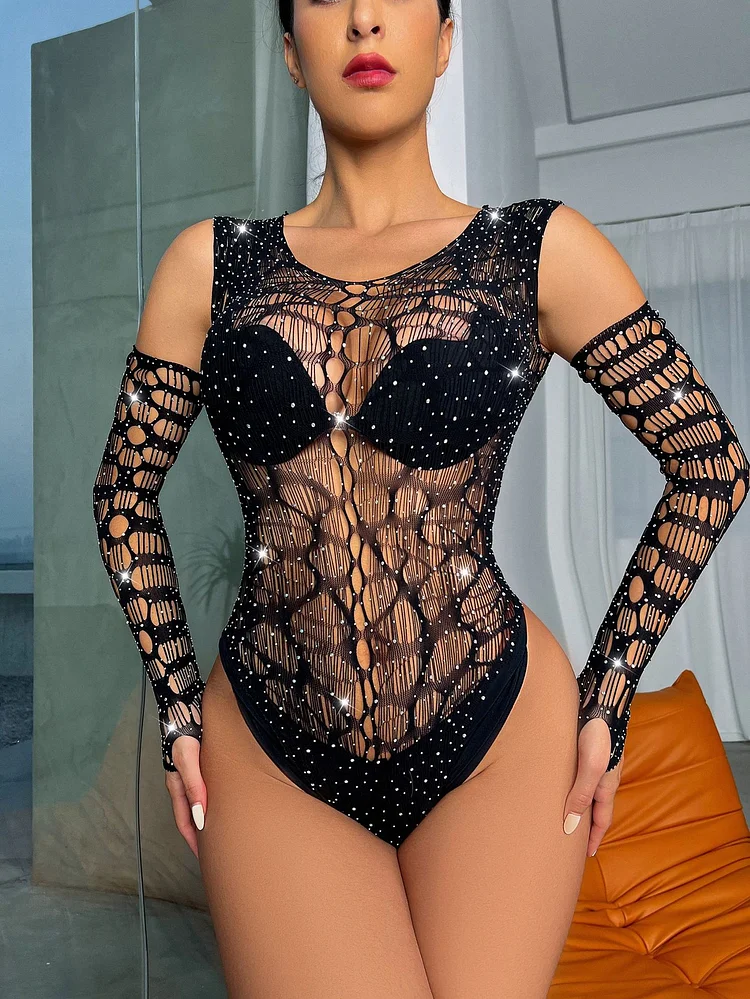 Sexy One-Piece Hot Drill Long Sleeve Mesh Coat