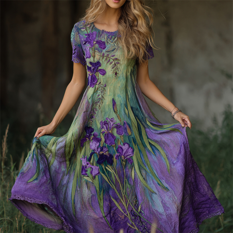 Oil Painting Purple Irises Embroidered Lace Patchwork Linen Maxi Dress  artssus