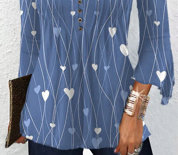 Women Long Sleeve V-neck Heart Printed Stitching Tops