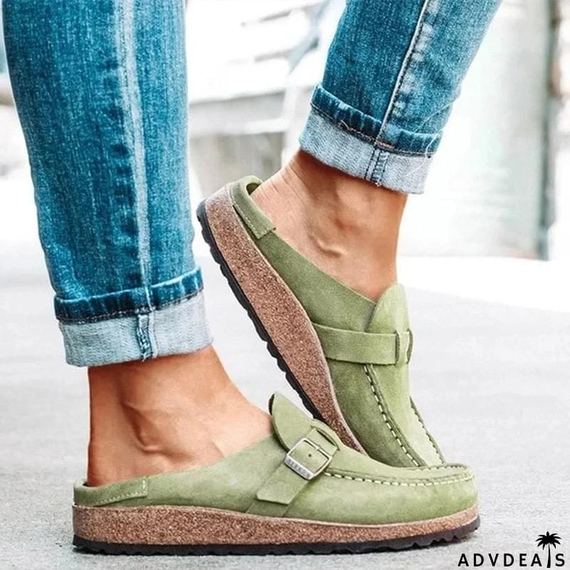 Women’s Casual Round Toe Flat Heel Slip On Backless Loafers