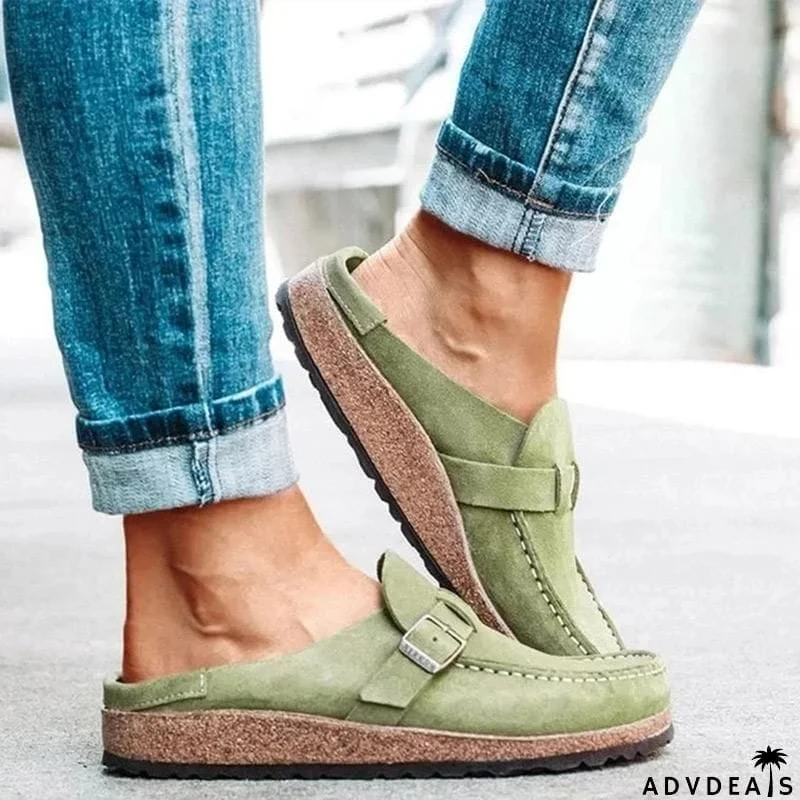 Women’s Casual Round Toe Flat Heel Slip On Backless Loafers