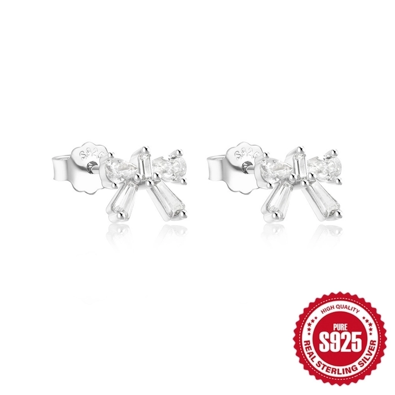 1 Pair 925 Sterling Silver Zircon Heart Shape Bow Knot Ear Studs