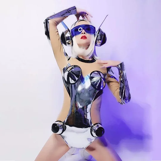 VCSHOES Lady Warrior Cosplay Costume Silver Laser Reflective Bodysuit Headdress Space Dance Outfit Bar Nightclub Party Show Clothes