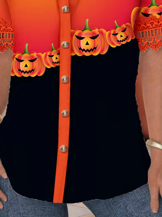 Women Short Sleeve V-neck Pumpkin Printed Graphic Lace Hollow Stitching Button Tops