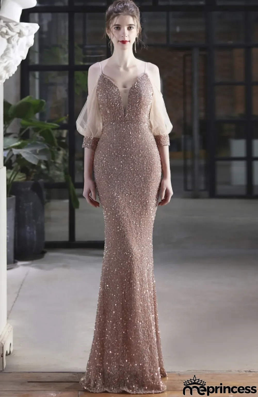 Summer Formal Pink Sequins Patch Strap Mermaid Evening Dress