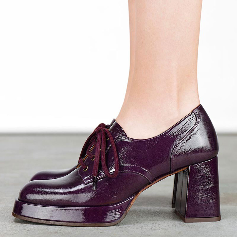 Grape Lace-Up Square Toe Block Heel Women's Oxfords with Platform Nicepairs