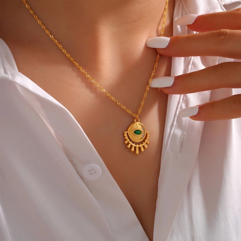 Retro Minimalist Round Eye 304 Stainless Steel Zircon 18K Gold Plated Inlay Pendant Necklace