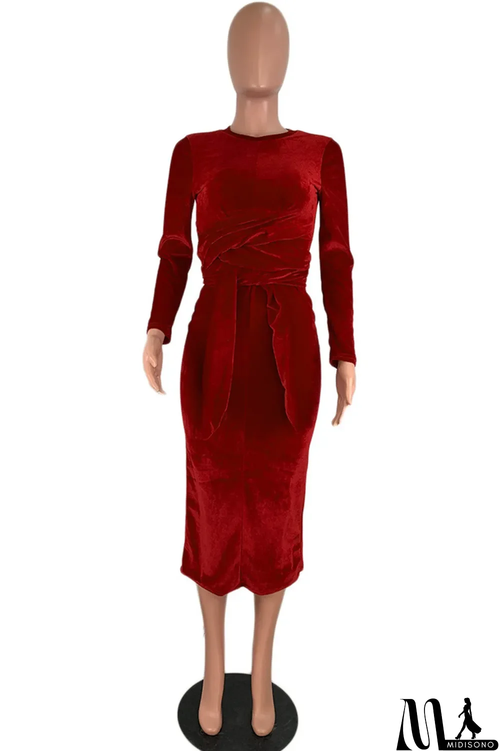 MidiSono - Deep Blue Fashion Casual Bandage O Neck Long Sleeve Dresses