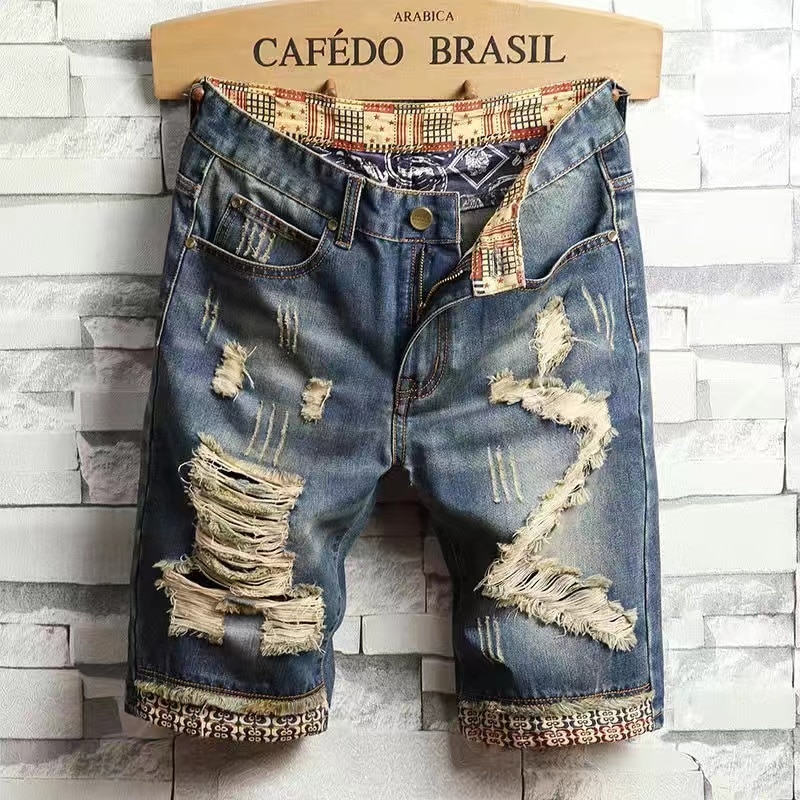 2025 New Summer Shorts Jeans Men's Pants Denim Shorts Print Skinny Cool Pocket Cropped Loose Trend Cotton Fashion Jeans Shorts