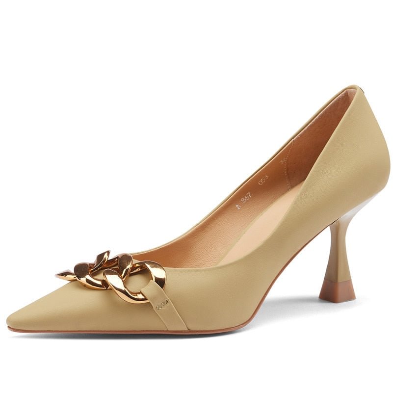 Meotina High Heels Natural Genuine Leather Pumps Pointed Toe Women Shoes Metal Decoration Stiletto Heel Female Footwear Yellow