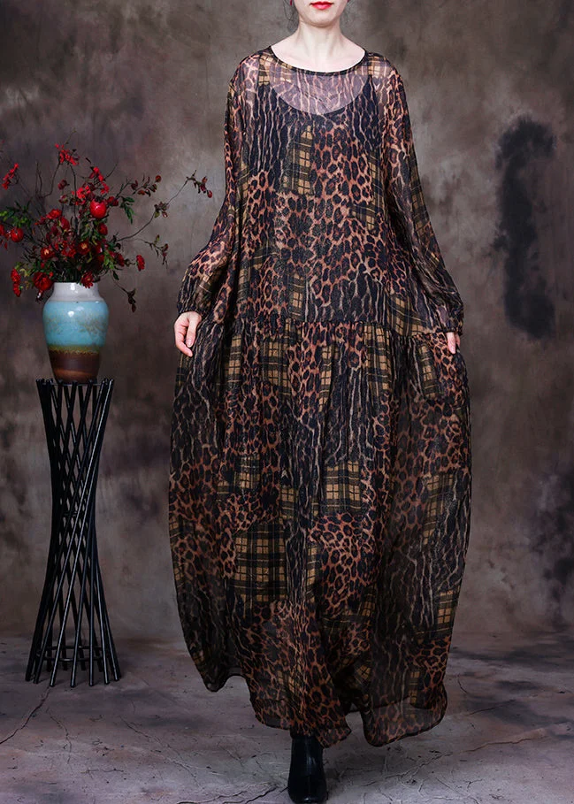 Organic Coffee O-Neck Print Maxi Dress And Suspenders Two Pieces Set Fall