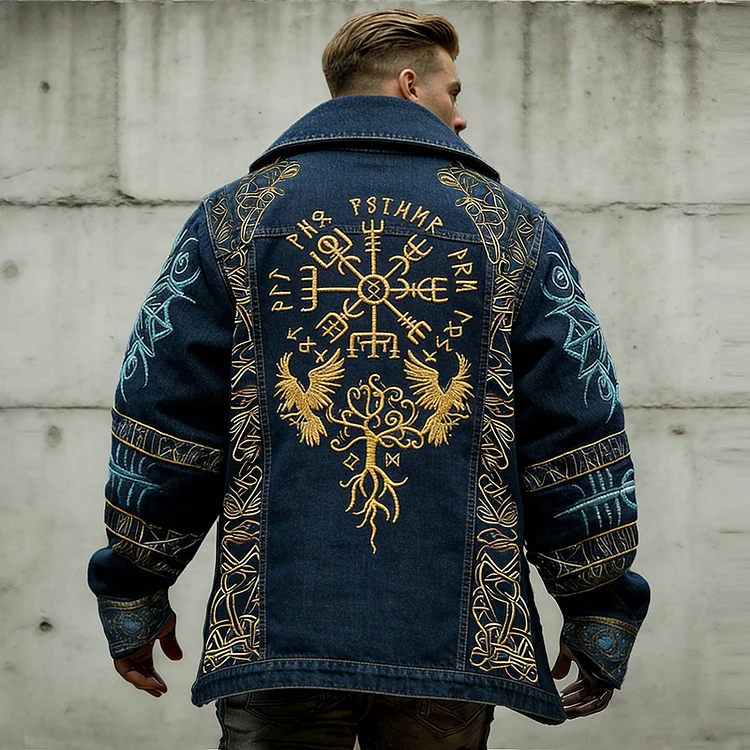 Men's Vintage Viking Valknut Life Of Tree With Birds Art Washed Denim Jacket