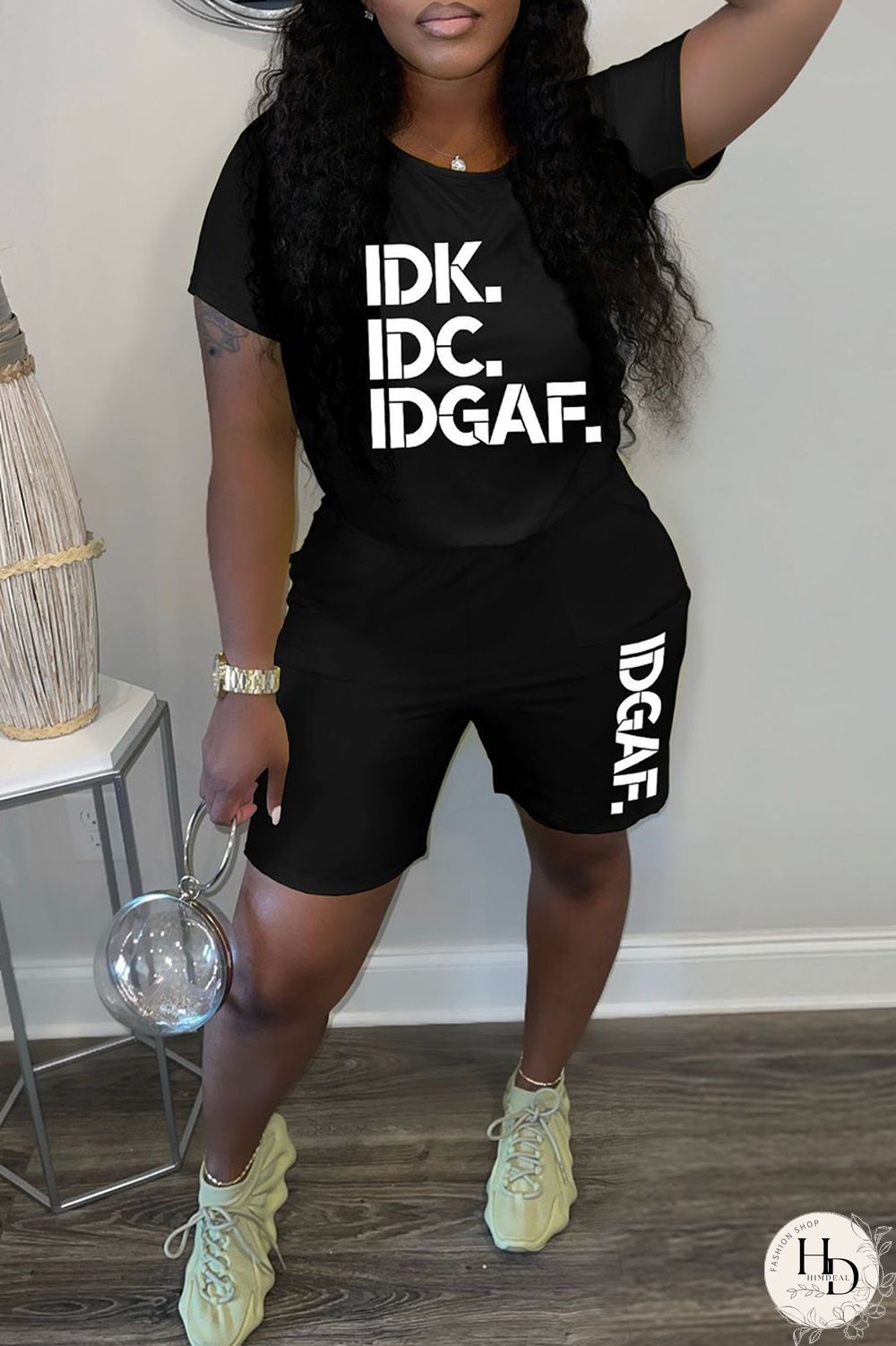 Black Casual Letter Print Basic O Neck Short Sleeve Two Pieces