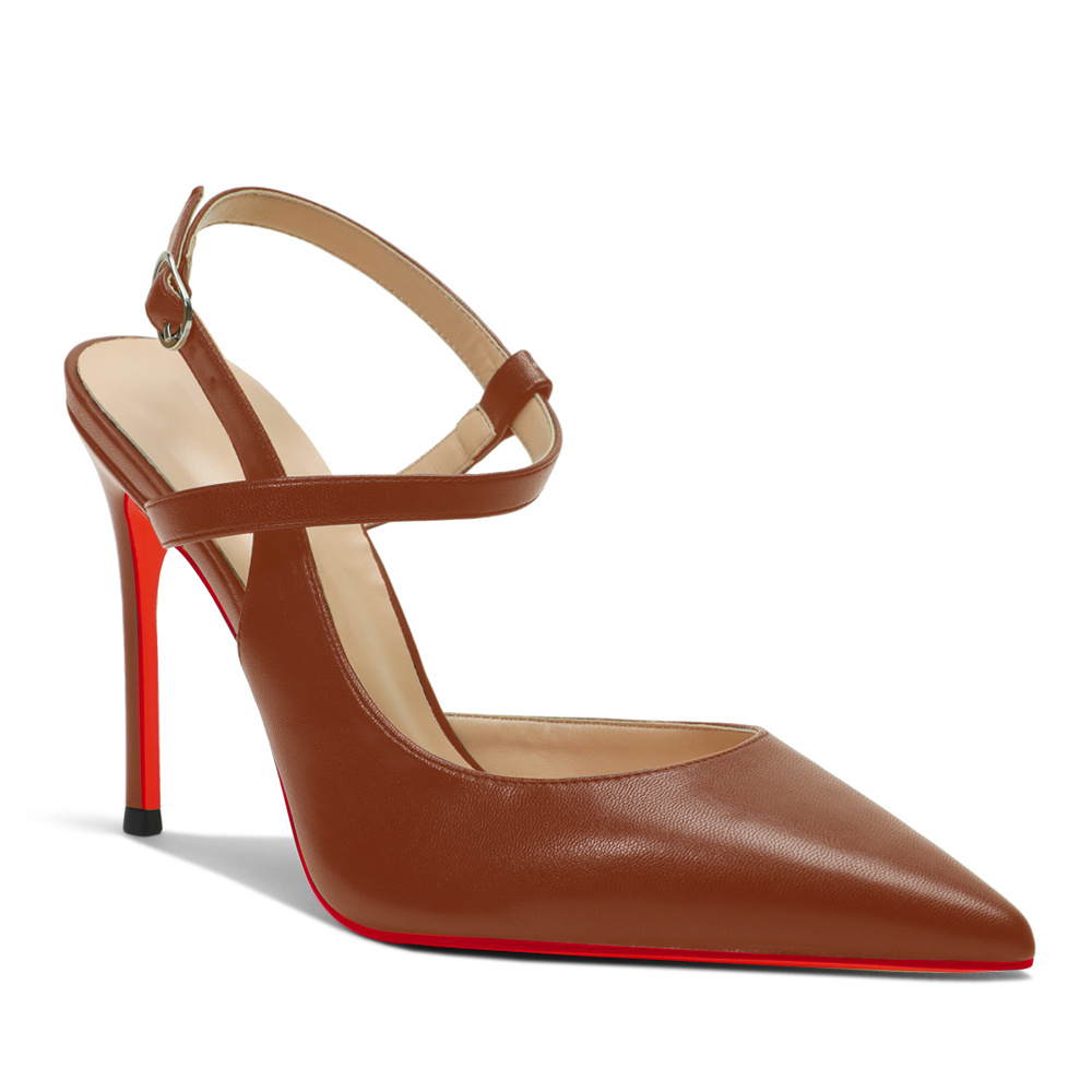 100mm Mid Heel Women Slingback Pumps Ankle Strap Jenlove Stiletto Close Pointed Toe Dress Red Bottoms Matte Glitter Shoes-MERUMOTE