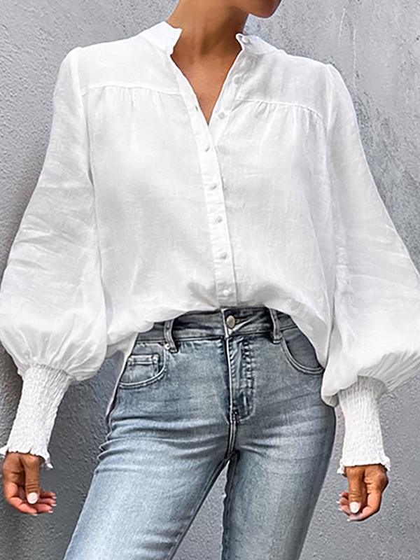 Lantern Long Sleeve Stand Neck Solid Color Shirt