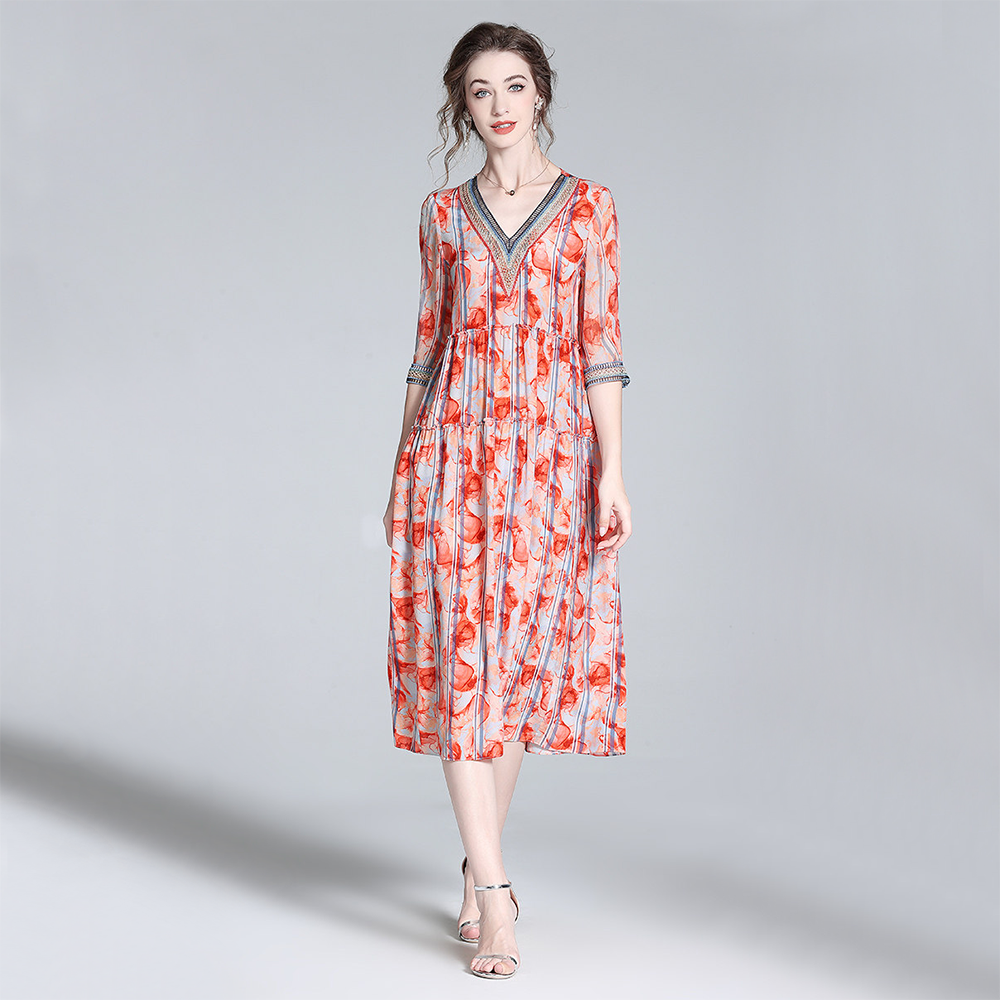 Silk Dress Embroidered V-Neck for Brunch REAL SILK LIFE