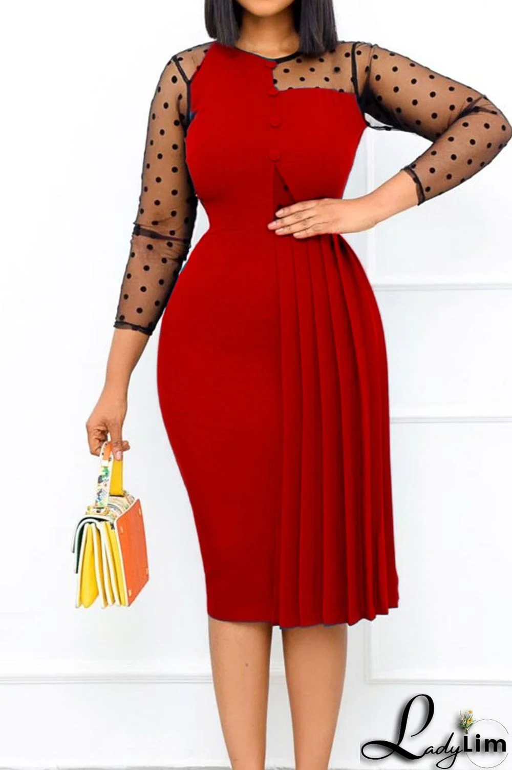 Red Casual Solid Patchwork Fold O Neck Straight Dresses