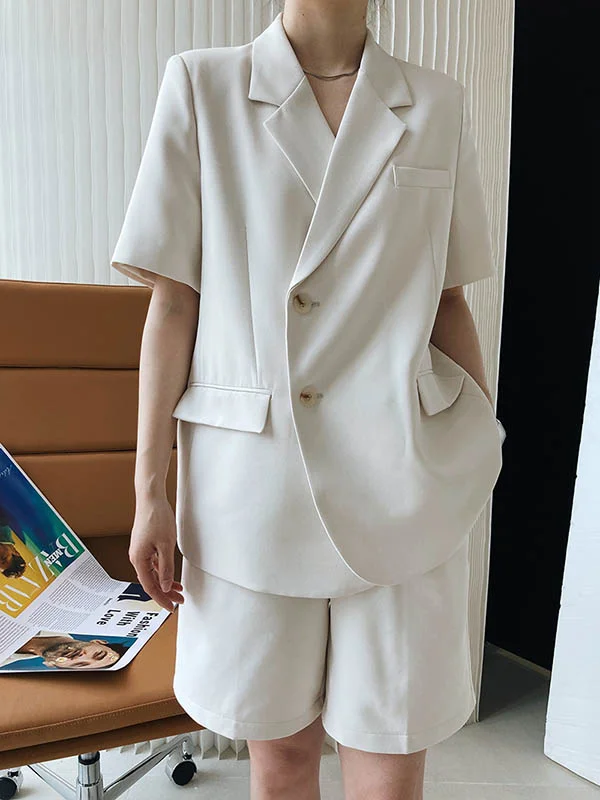 Casual Solid Color With Pocket Notched Collar One Buttoned Suits+Shortstwo Pieces Set 