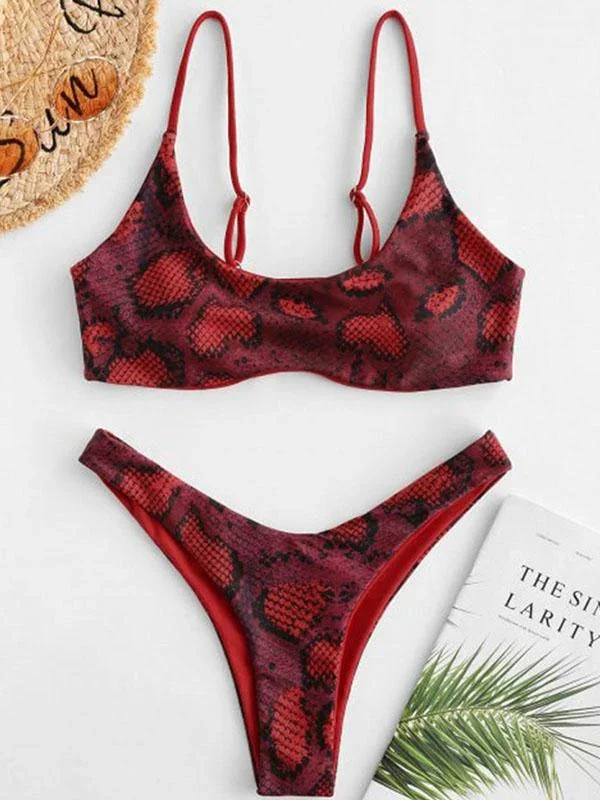 Snake-Print Spaghetti-Neck Split Bikini Swimsuit