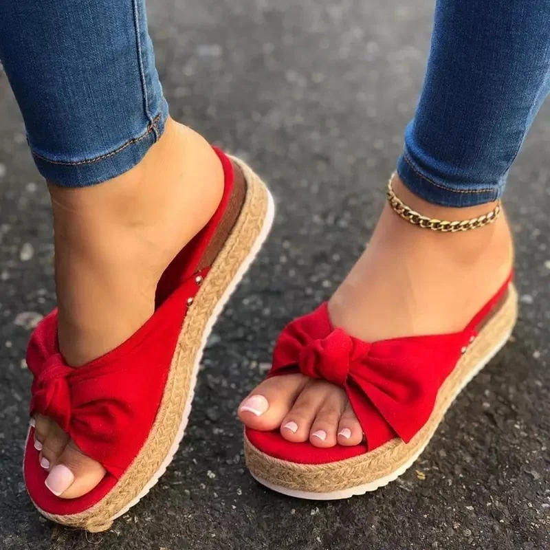 Slippers Women Summer Sandals Mid Heels Sandals Plus Size Wedges Shoes Woman Bowties Slippers Sandalias Mujer Sapato Feminino