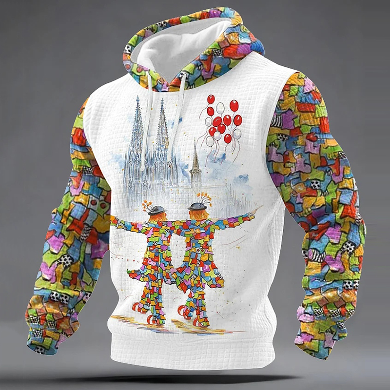 Men's Carnival Clown Print Casual Waffle Hoodie elevenforest
