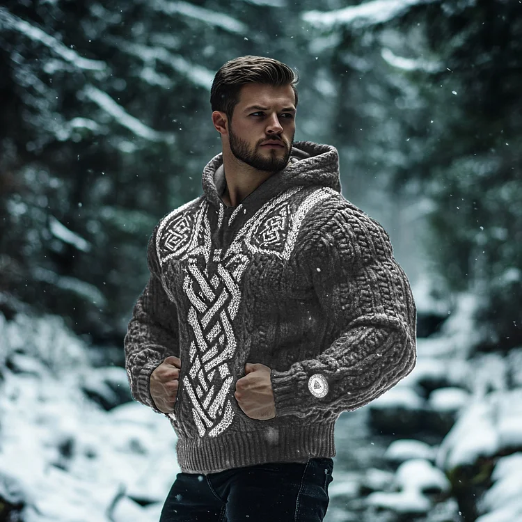 Men's Viking Tribal Eagle Jacquard Celtic Inspired Chunky Knit Hooded Sweater