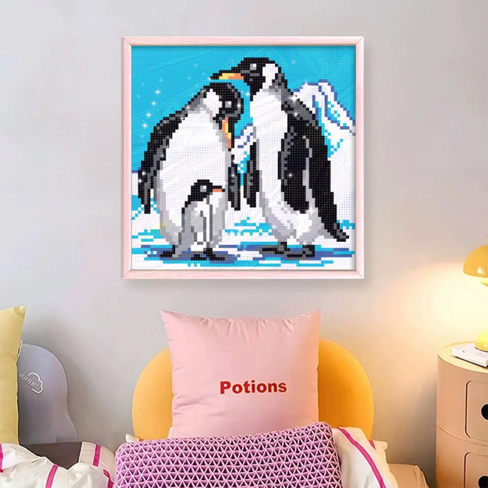 9CT Full Stamped Cross Stitch Bead Embroidery - Penguins(Canvas|20*20CM)