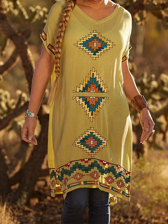 Women's Western Style Geometric Print Slit Top