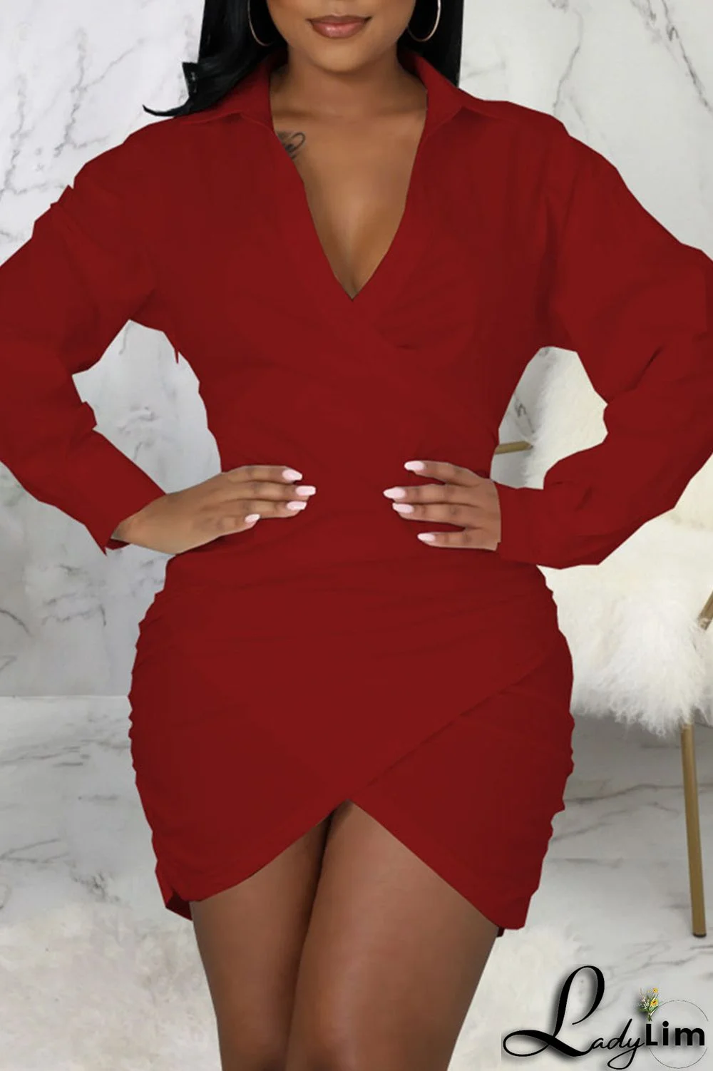 Black Casual Solid Patchwork Asymmetrical V Neck Shirt Dress Dresses(Without Belt)