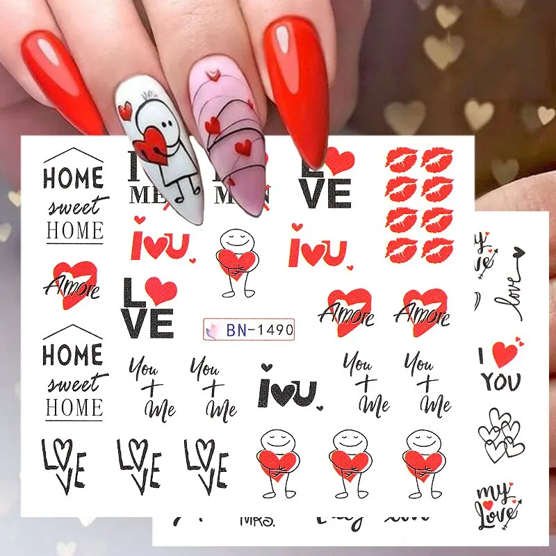 12pcs Valentines Manicures Love Letter Flower Sliders For Nails Inscriptions Nail Art Decoration Water Sticker Tips BN1489-1500