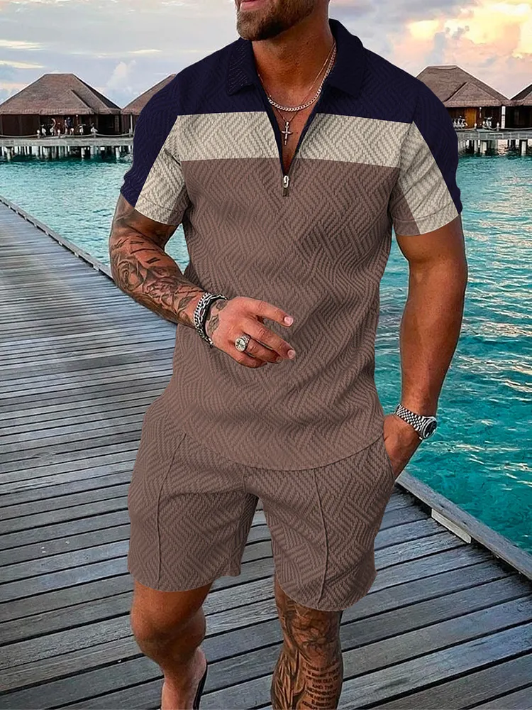Men's Casual Printed Zip Polo Shirt and Shorts Two-Piece Suits