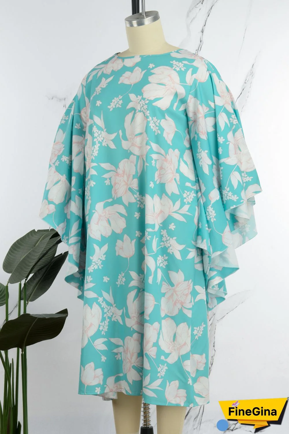 Cyan Casual Sweet Street Floral Patchwork O Neck Irregular Dress Plus Size Dresses