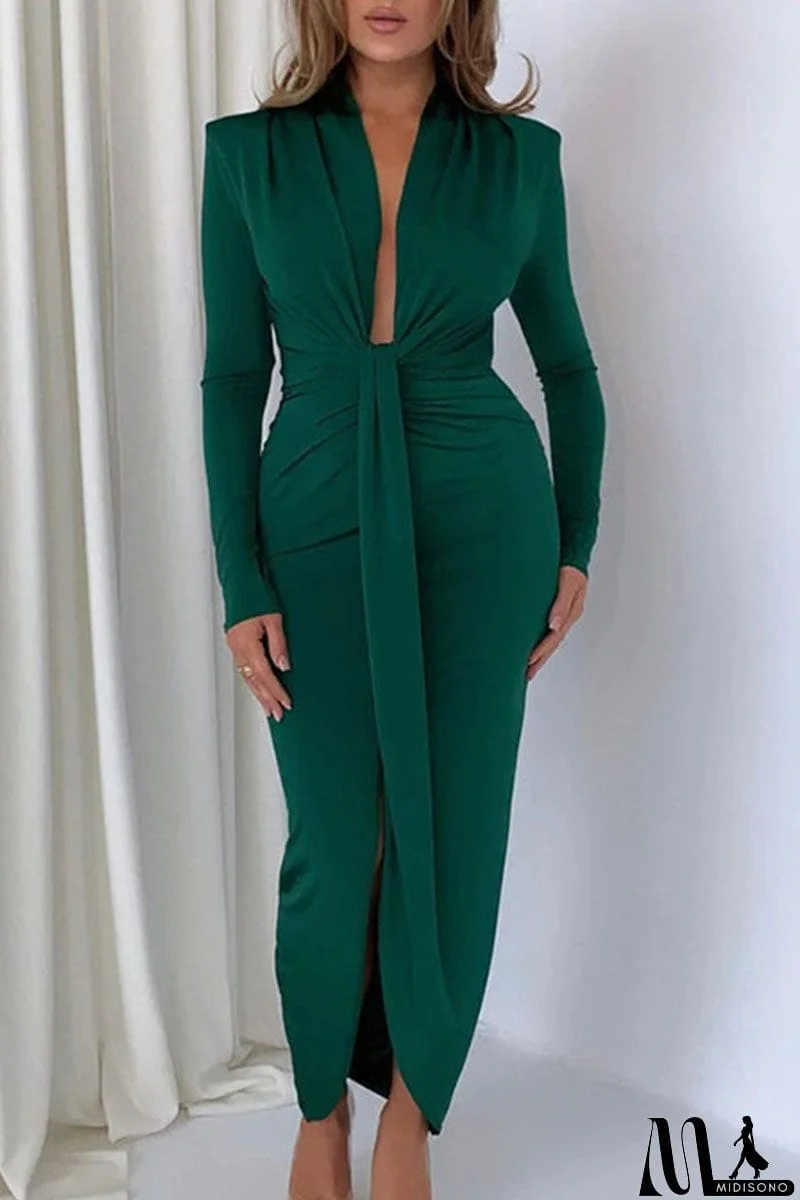 MidiSono - Sexy Solid Patchwork Slit Fold Asymmetrical V Neck One Step Skirt Dresses