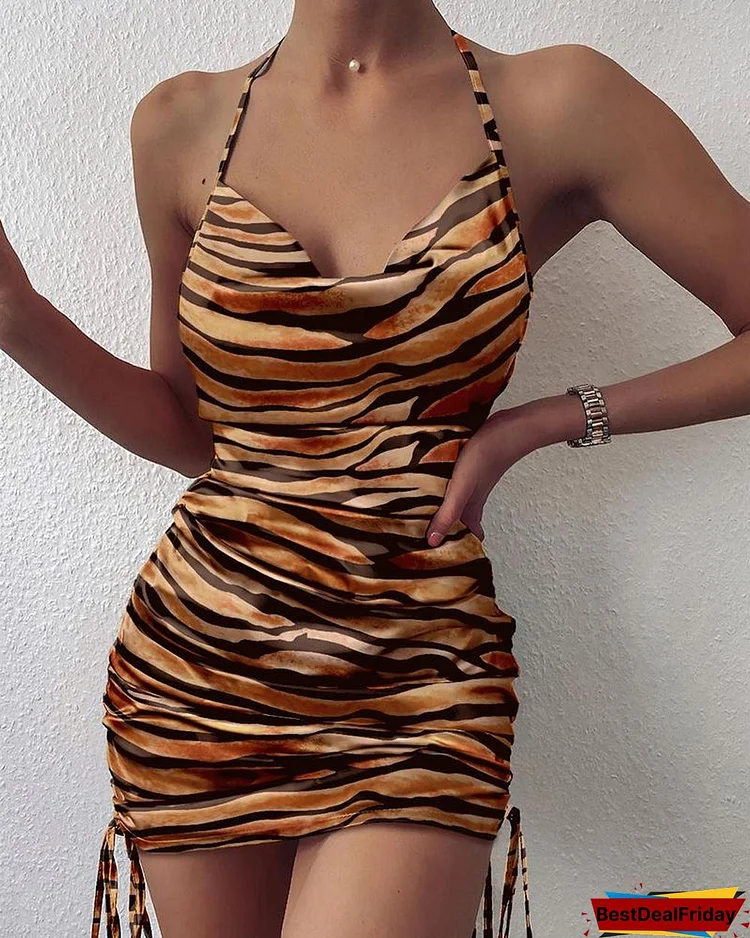 Zebra Stripe Print Satin Ruched Bodycon Dress P9572095006
