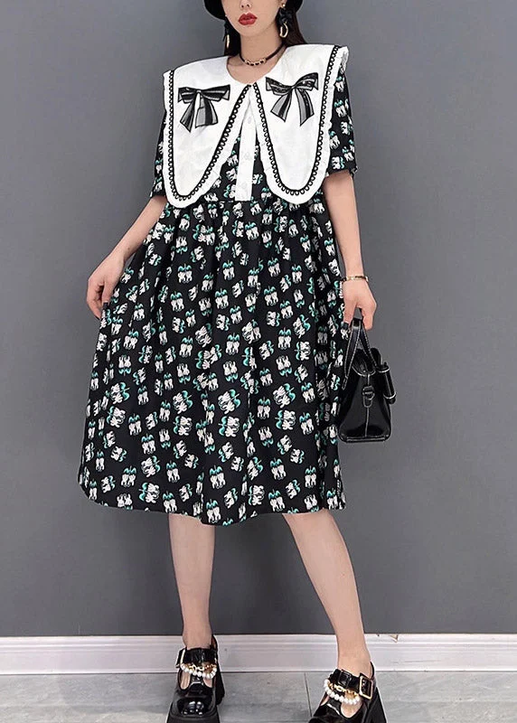 Cute Black Peter Pan Collar Bow Print Chiffon A Line Dresses Short Sleeve