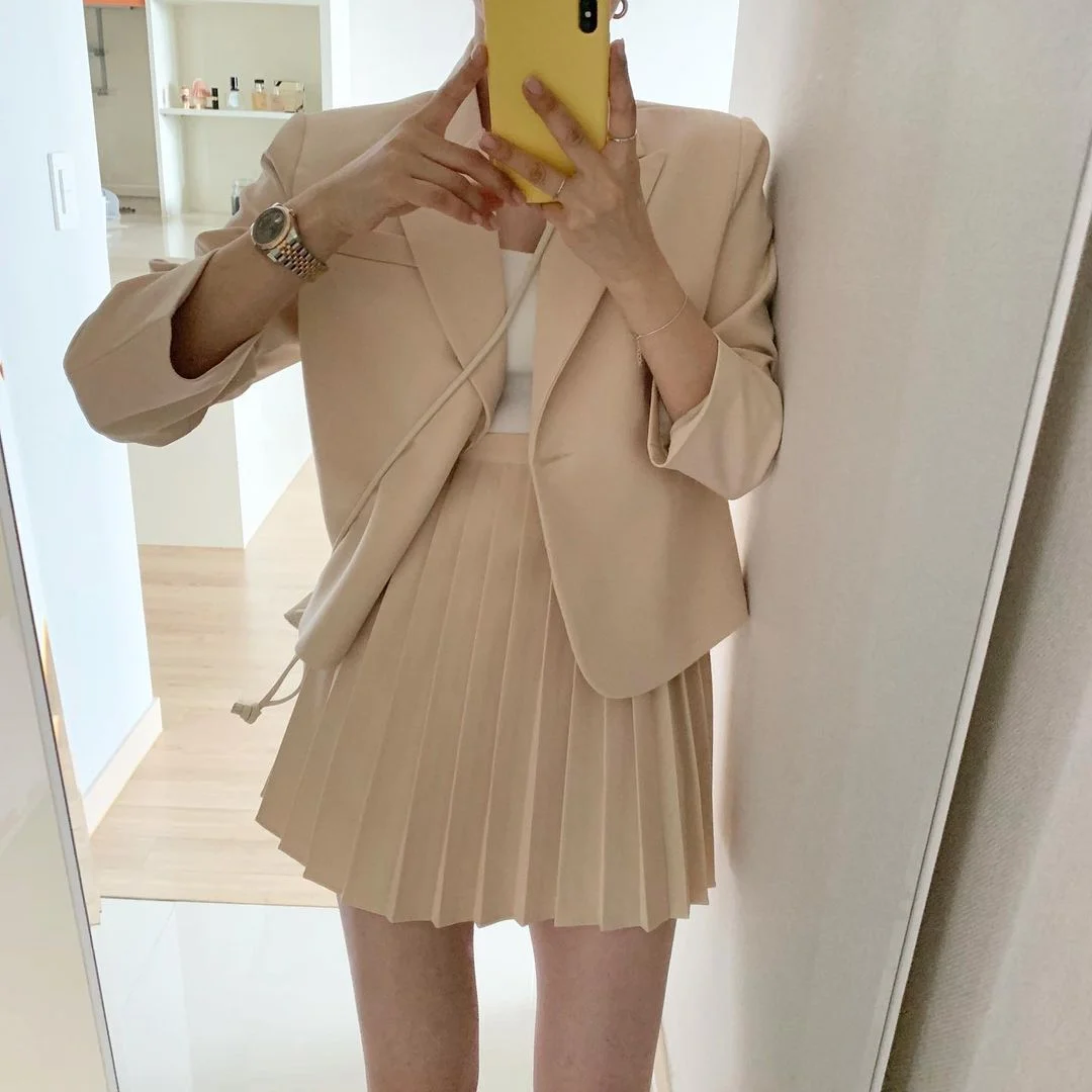 ABEBEY Women Two Piece Set Outfits Long Sleeve Coat And High Waist Pleated Mini Skirt Elegant Korean Style Casual 2 Piece Sets